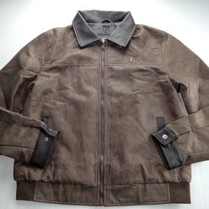 F Collections Men's Faux Suede Bomber Jacket Size Large Brown Full Zip